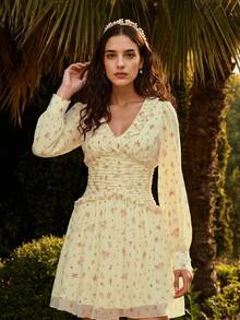 Lucivie Váy ngắn thắt eo in họa tiết cổ chữ V thanh lịch thời trang dành cho nữ - Hồng - Xem 3