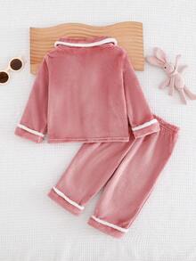 Cozy Pixies 2 件女婴秋冬撞色边翻领长袖开衫上衣和松紧腰直筒裤休闲家居服套装 - 藕粉色 - 查看 2