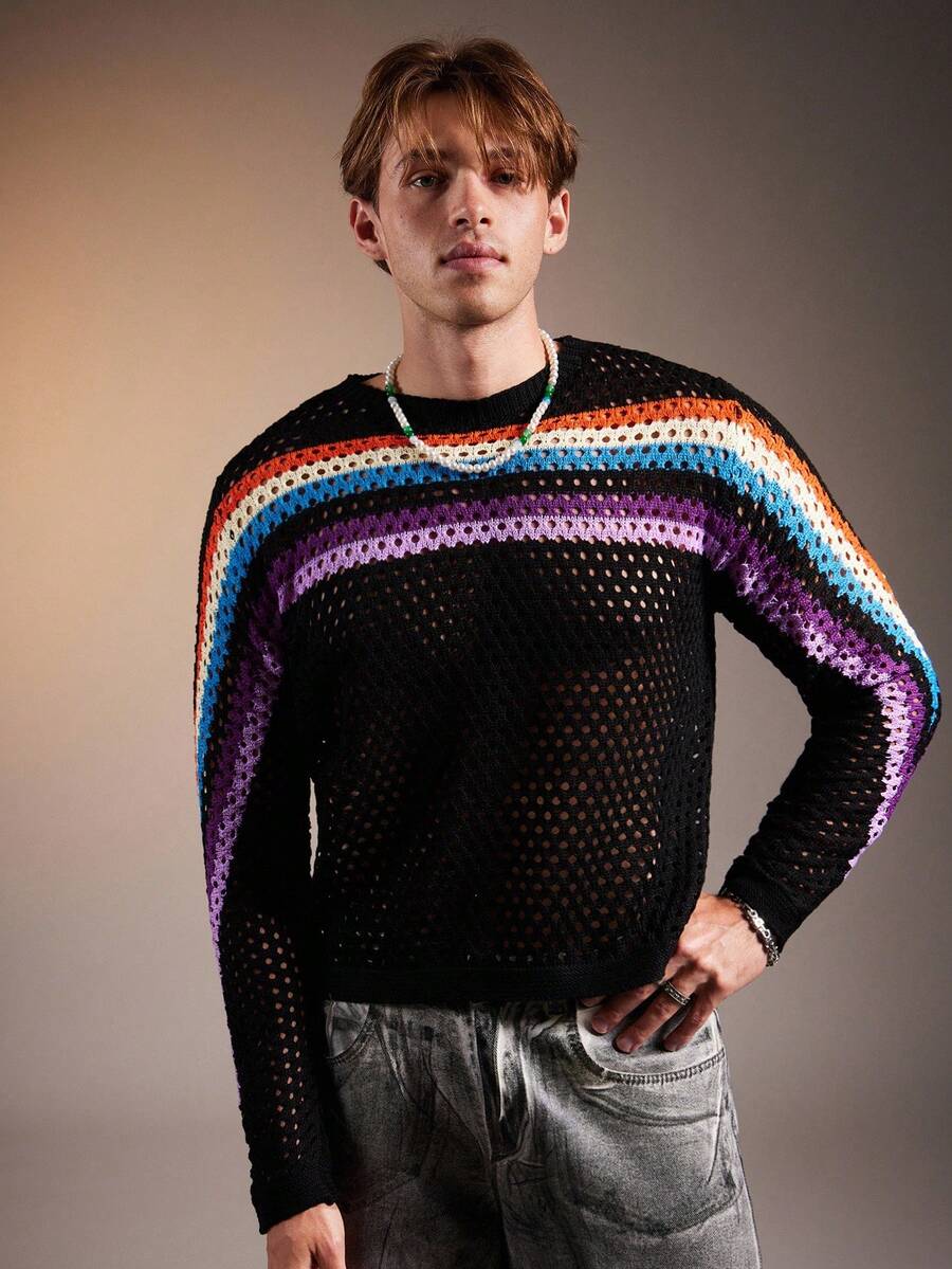 FeverCity Men's Contrast Color Round Neck Knitted Striped Hollow Out Casual Pullover Sweater, Fall, Winter - Black - View 1