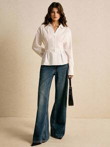 Poéselle Women's Shirts, Tie Back Waist, Button Closure, Fitted Waist Shirts, White Shirts, Long Sleeve Shirts, Women's Blouse, Casual Women's Solid Color Long Sleeve Single-Breasted Waist Casual Shirt Fall Clothes For Women Autumn Outfits For Women Winter Clothes For Women  Women's Winter Clothes - White - View 6