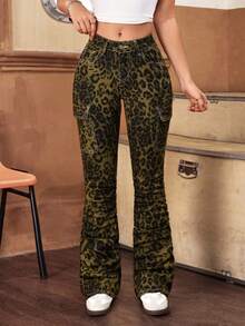 SHEIN ICON Jeans de pierna acampanada con estampado de leopardo para mujer