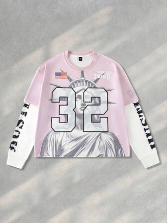 Prep Maglietta a maniche lunghe da uomo con stampa religiosa, stile oversize corto, stile anni 2000, autunnale