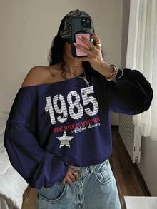 StreetHx 女式复古 1985 星形印花斜肩卫衣，海军蓝朋克宽松轻盈超大卫衣，秋季 - 藏蓝色 - 查看 5