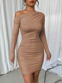 Elenzga Women's Elegant Asymmetric Ruched Fitted Mini Dress, Solid Color, Spring/Autumn Fall Cloth For Women - Brown - View 5