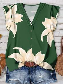 SHEIN LUNE Casual Minimalist Style Green Base Yellow Floral Asymmetrical Print Pattern Women Shirt, Suitable For Summer, Early Autumn, Vintage - Multicolor - View 1