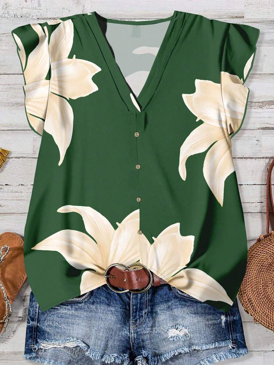 SHEIN LUNE Casual Minimalist Style Green Base Yellow Floral Asymmetrical Print Pattern Women Shirt, Suitable For Summer, Early Autumn, Vintage - Multicolor - View 1