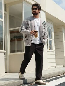 DAZY Men's Grey Cardigan Sweater With Letter & Kitten Jacquard Design, Autumn