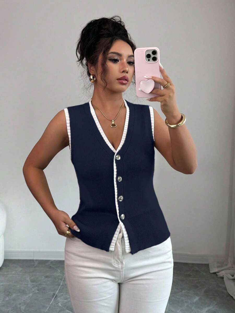 Rafferiza Contrast Color 2 In 1 V-Neck Sleeveless Cardigan Vest Knit Sweater - Navy Blue - View 1