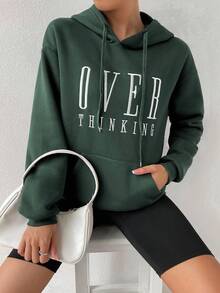 Chiquease Women's Autumn Letter Embroidery Long Sleeve Drawstring Hooded Pocket Casual Sweatshirt - Dark Green - View 5
