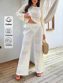 EURMUSE Ivory Open-Knit Two-Piece Set With Flared Pants And Long-Sleeve Top, Featuring A Lightweight And Breathable Fabric For Boho-Chic Styles Women For Summer - Cream - View 1