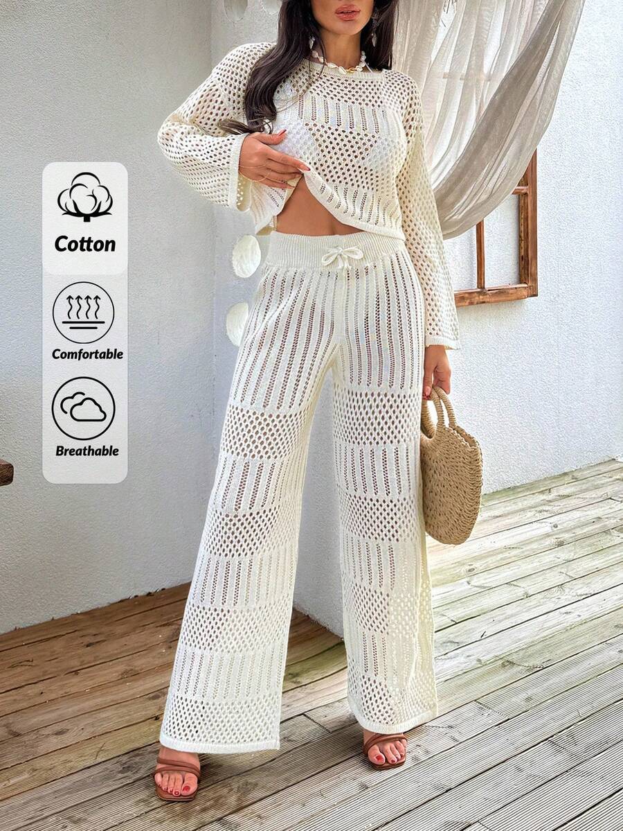 EURMUSE Ivory Open-Knit Two-Piece Set With Flared Pants And Long-Sleeve Top, Featuring A Lightweight And Breathable Fabric For Boho-Chic Styles Women For Summer - Cream - View 1