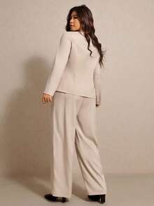 Elaquor Plus Size Elegant Solid Color Blazer And Pants Two Pieces Suit, Office Wear Classy Pant Suit Set Women Dressy Pant Suit Plus Size Two Pieces Outfit Two Pieces Pant Set Women Women Dressy Two Pieces Set Plus Size Pant Suit Beige Two Pieces Set