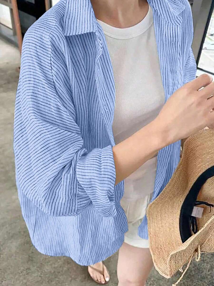 DAZY 女式条纹蝙蝠袖休闲宽松衬衫秋季 - 藍色 - 查看 1