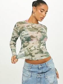 SUMWON WOMEN Áo thun tay dài lưới ngụy trang dáng ôm vừa vặn cho phong cách cuối tuần thường ngày - Nhiều màu - Xem 1