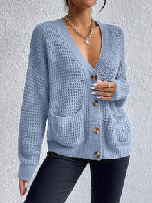 EURMUSE Cardigan casual à manches longues à épaules tombantes, boutonnage simple, poches, couleur unie, automne pour femmes - Bleu ciel - Voir 7