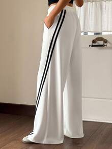 Jouncy Women's Contrast Stripe Elastic Waist Loose Casual Sweatpants, Versatile For Summer - White - View 6