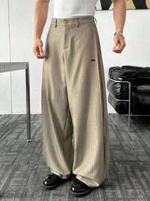 Manfinity BRENVOR Pantalones casuales de pierna ancha a rayas para hombres, para el otoño - Café integral - Ver 2