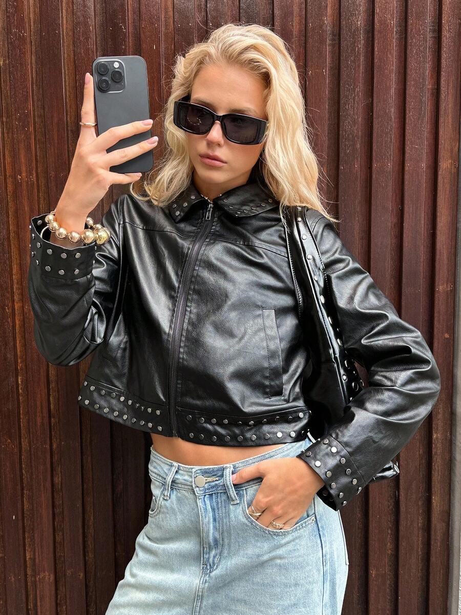 SHEIN EZwear 新款秋季黑色PU皮铆钉装饰短款夹克 - 黑色 - 查看 1