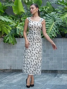 Andrea Bello Nuevo vestido elegante de mujer con cuello cuadrado, estampado floral, malla transparente, cintura en V, línea A, drapeado, ideal para citas, viajes, cintura ceñida, favorecedora figura