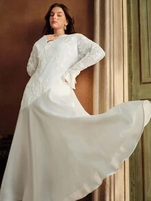 Anewsta Plus Size Women Floral Embroidery Patchwork Long Sleeve Elegant Dress - White - View 6