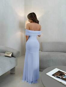 Jemour Vestido elegante de fiesta de boda con hombros descubiertos y cintura fruncida para mujer - Celeste - Ver 2