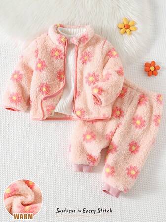 Cozy Pixies Conjunto de 2 piezas de niña bebé con cárdigan de manga larga con estampado floral y cuello solapa, y pantalones de cintura elástica