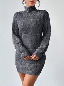 RosyDaze Vestido de manga larga con cuello alto texturizado para mujer - Blanco y Negro - Ver 5