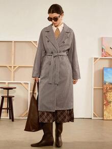 Almamuse Women's Autumn/Winter Herringbone Lapel Double-Breasted Belted Loose Long Coat