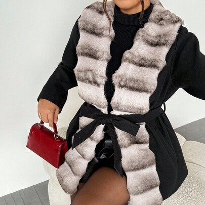 Plus Size Faux Fur Collar Patchwork Jacket Fur Coat Women Winter Coat Faux Fur Coat Long Coat Fur Trim Coat