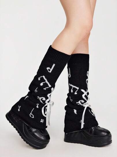 ROMWE Grunge Punk 1 双女士音符宽腿保暖裤，适合所有季节