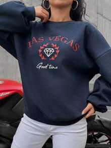 EURMUSE Sudadera con estampado de letra de hombros caídos - Azul Marino - Ver 3