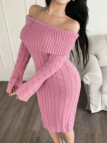 Feyla Women's Tie-Neck Off Shoulder Long Sleeve Fitted Elegant Knit Dress In Fall/Winter - Pink - View 4