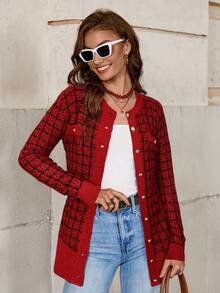 SHEIN Clasi Women's Contrast Plaid Long Sleeve Knit Cardigan Autumn Winter Clothes For Women