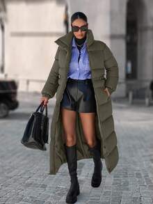 EURMUSE Zip Up Drawstring Waist Long Padded Coat - Army Green - View 5