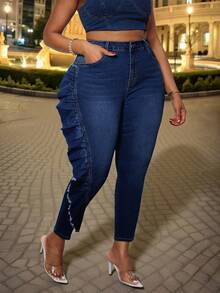 SHEIN SXY Quần bó denim viền bèo nhún cỡ lớn mùa đông cho nữ - Rửa tối - Xem 5