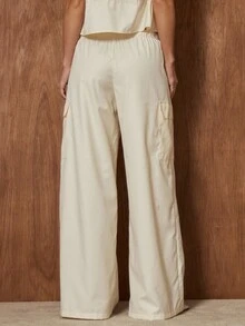 MUSERA Pocket Detail Lace Tie Waist Wide Leg Baggy Loose Fit Trousers Cute Date Night Going Out Night Out Work Office Clean Cut Winter Party Elegant - Beige - View 4