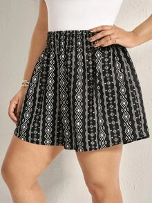 SHEIN LUNE Plus Summer Ditsy Floral Print Slant Pocket Shorts Boho Relaxed Mother Day Vacation Woman Beach For Woman,Holiday - Black and White - View 5