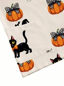 PopScrub Áo đồng phục y tá/bác sĩ cổ chữ V tay ngắn hai túi in hình bí ngô, ma, phù thủy, nhện, dơi, đèn lồng bí ngô, mèo con cho lễ Halloween - Bụi hồng - Xem 4