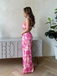 Jemour 女士优雅花卉印花露背连衣裙 - 淺粉色 - 查看 5