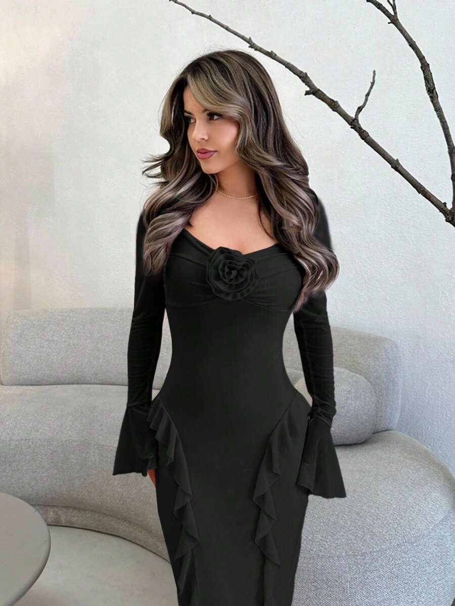 Jemour Elegant Women Going Out Outfit, Sweet Ruffled Long Sleeve Crop Top, Fall Outfit For Casual Date, Party, Event - 3D Floral Decor Long Dress, - Black - View 1