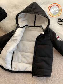 Baby Boy Winter Navy Blue Padded Hooded Jacket,Modest Quilted Fleece Thickened Long Coat For Date,Casual Stylish Minimalist Design,Fall Outdoor Wear - Black - View 7