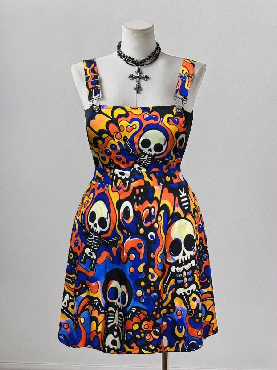 Sunspun Plus Size Colorful Skull Crossover Dress - Blue - View 1