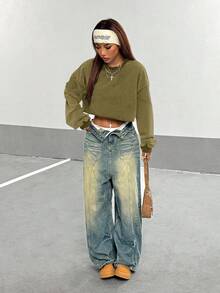 StreetHx Women's Solid Color Crew Neck Loose Boxy Cropped Washed Sweatshirt - Green - View 3