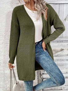 EMERY ROSE Women's Casual Solid Color Drop Shoulder Long Sleeve Cardigan Sweater Fall Winter Cloth For Women - Army Green - View 3