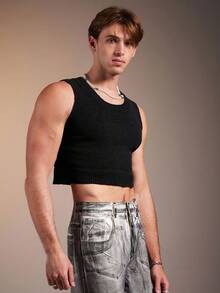 FeverCity Men's Solid Color Round Neck Casual Sleeveless Knit Vest, Autumn, For Fall Winter - Black - View 6