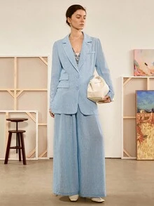 Chiquease 女士春秋波西米亚经典牛仔蓝色西装外套，袖口开衩，搭配阔腿西装裤，蓝色西装套装 - 藍色 - 查看 2