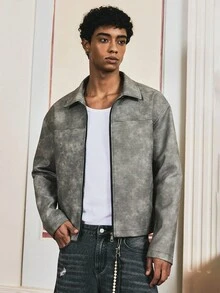 EASEVO Plus Size Men Casual Vintage Distressed Jacket - Grey - View 3