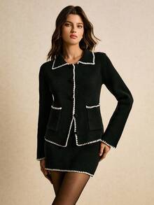 Poéselle 2-częściowy damski komplet: kardigan z kontrastowym wykończeniem i spódnica dzianinowa - Czarne - Zobacz 3