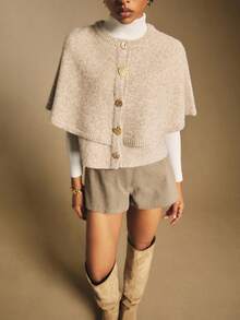 Poéselle 卡其色斗篷开衫毛衣，女士羊毛混纺纽扣前开披肩式开衫毛衣 – 舒适短款斗篷式外套，斗篷毛衣，斗篷开衫，短款开衫，中性针织衫，简约冬季，复古风格，简约休闲纯色手工串珠开衫，中性色，女士秋季短款开衫，女士夏季毛衣，秋冬 - 卡其色 - 查看 6