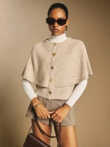 Poéselle 卡其色斗篷开衫毛衣，女士羊毛混纺纽扣前开披肩式开衫毛衣 – 舒适短款斗篷式外套，斗篷毛衣，斗篷开衫，短款开衫，中性针织衫，简约冬季，复古风格，简约休闲纯色手工串珠开衫，中性色，女士秋季短款开衫，女士夏季毛衣，秋冬 - 卡其色 - 查看 8